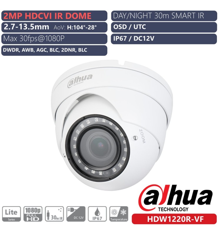 DAHUA Telecamera Dome 2MPX 1080P@25fps, 4/1 AHD/CVI/TVI/CVBS, varifocal 2.7-13.5mm,