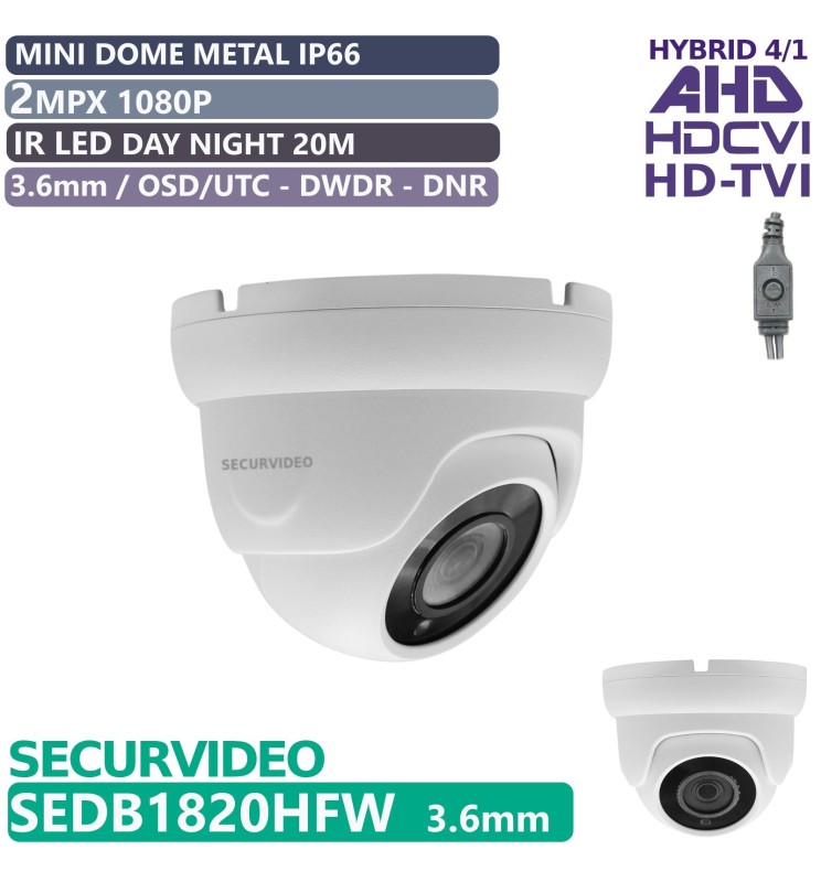 TELECAMERA MINI DOME HD 4/1 AHD CVI TVI 2MP 1080P OSD UTC 3.6mm IR LED 20m METAL